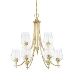 9-Light Shaded Tiered Aged Brass Chandelier with Clear Glass Shade by Pia Ricco