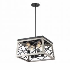 4-Light Lantern Anchor Grey Oak and Matte Black Finish Square Pendant by Pia Ricco