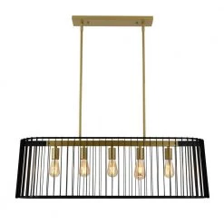 Gatsby 5-Light Black and Gold Cage Modern Industrial Hanging Pendant Light Island Chandelier for Kitchen Dining Room by Artika