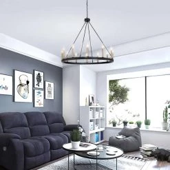 Rustic 12-Light Chandelier Black and Brass Finish Candle Style Chandelier with Metal Wagon Wheel by Jushua -KINWELL shop black jushua chandeliers acr l 10552bk bd 4f 1000