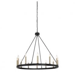 Rustic 12-Light Chandelier Black and Brass Finish Candle Style Chandelier with Metal Wagon Wheel by Jushua