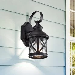KINWELL shop 54 1-Bulb 11.5 in. H Black Outdoor Wall Lantern Sconce with Clear Seeded Glass by Jushua