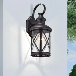 KINWELL shop 56 1-Bulb Black 16 in. H Outdoor Wall Lantern-Light Sconce with Clear seeded Glass by Jushua