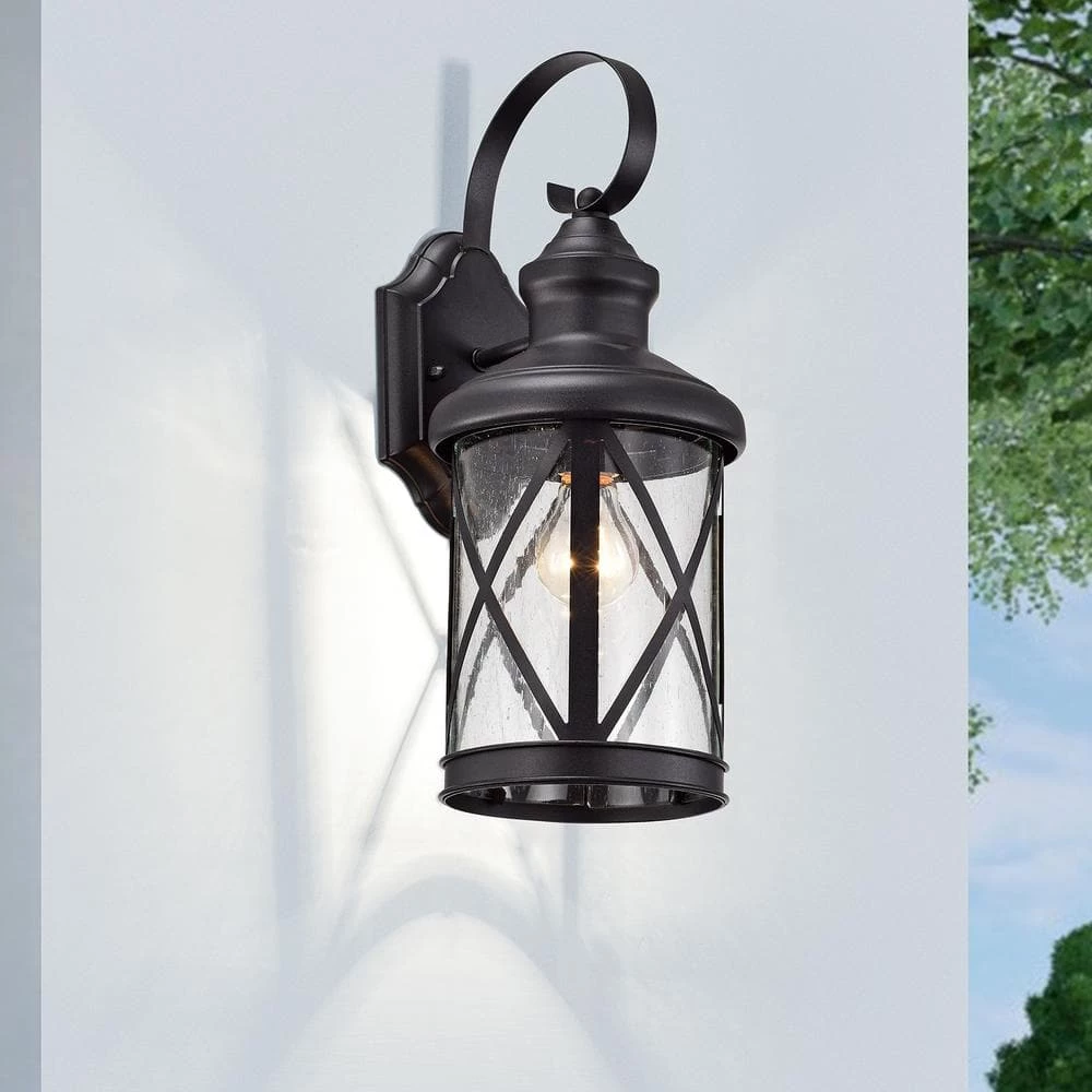 1-Bulb Black 16 in. H Outdoor Wall Lantern-Light Sconce with Clear seeded Glass by Jushua 3 1-Bulb Black 16 in. H Outdoor Wall Lantern-Light Sconce with Clear seeded Glass by Jushua