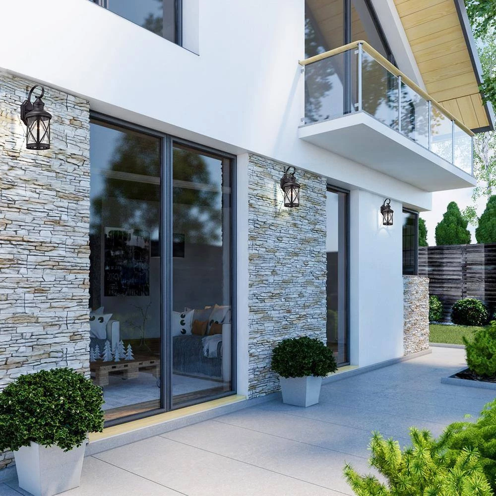 1-Bulb Black 16 in. H Outdoor Wall Lantern-Light Sconce with Clear seeded Glass by Jushua 4 1-Bulb Black 16 in. H Outdoor Wall Lantern-Light Sconce with Clear seeded Glass by Jushua - Image 2