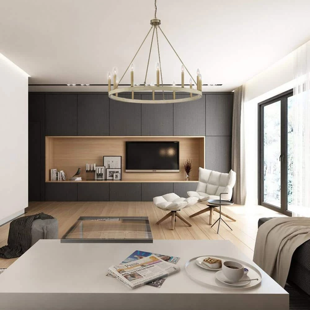 Rustic 12-Light Chandelier Oak and Brass Finish Candle Style Chandelier with Metal Wagon Wheel by Jushua 6 Rustic 12-Light Chandelier Oak and Brass Finish Candle Style Chandelier with Metal Wagon Wheel by Jushua - Image 4