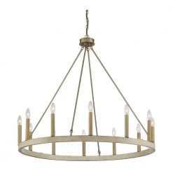 Rustic 12-Light Chandelier Oak and Brass Finish Candle Style Chandelier with Metal Wagon Wheel by Jushua