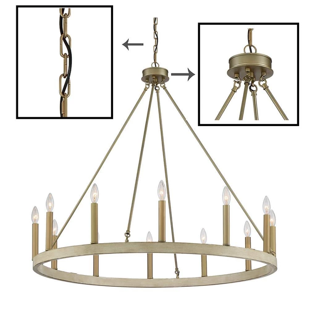Rustic 12-Light Chandelier Oak and Brass Finish Candle Style Chandelier with Metal Wagon Wheel by Jushua 5 Rustic 12-Light Chandelier Oak and Brass Finish Candle Style Chandelier with Metal Wagon Wheel by Jushua - Image 3