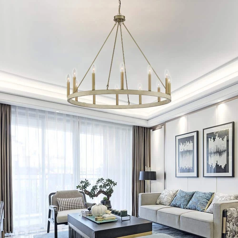 Rustic 12-Light Chandelier Oak and Brass Finish Candle Style Chandelier with Metal Wagon Wheel by Jushua 4 Rustic 12-Light Chandelier Oak and Brass Finish Candle Style Chandelier with Metal Wagon Wheel by Jushua - Image 2