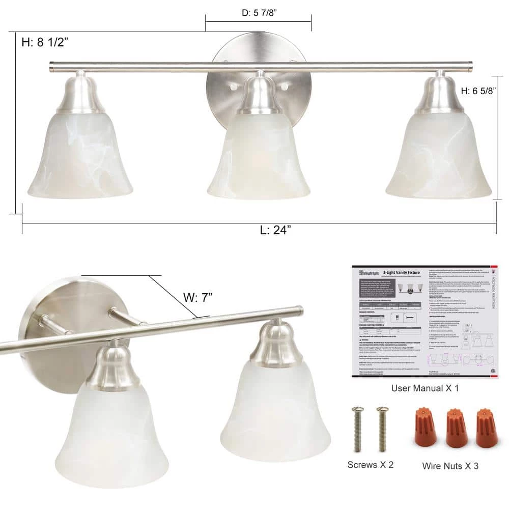 24 in. 3-Lights Brushed Nickel LED Vanity Light Bar by KINWELL 7 24 in. 3-Lights Brushed Nickel LED Vanity Light Bar by KINWELL - Image 5
