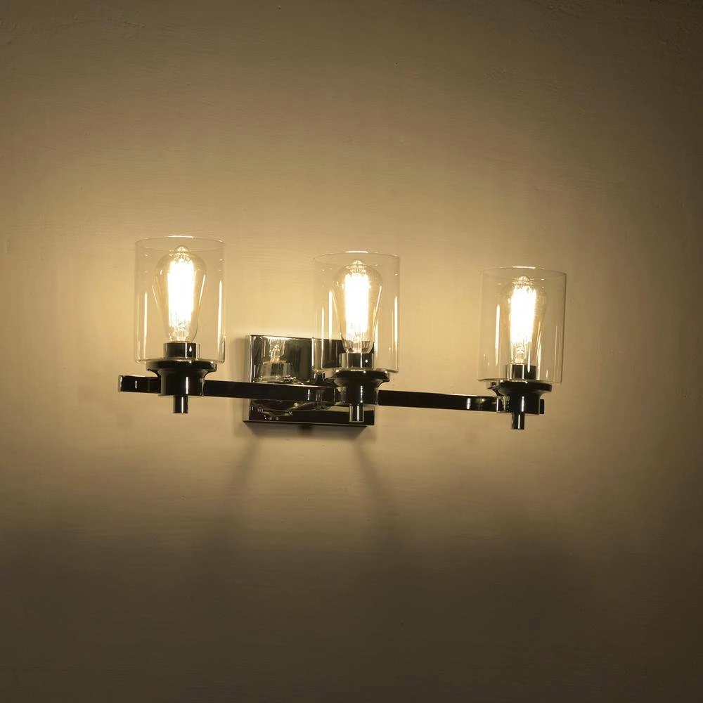 3-Light Chrome Dimmable Contemporary Bathroom Vanity-Light with Clear Glass by Jushua 5 3-Light Chrome Dimmable Contemporary Bathroom Vanity-Light with Clear Glass by Jushua - Image 3
