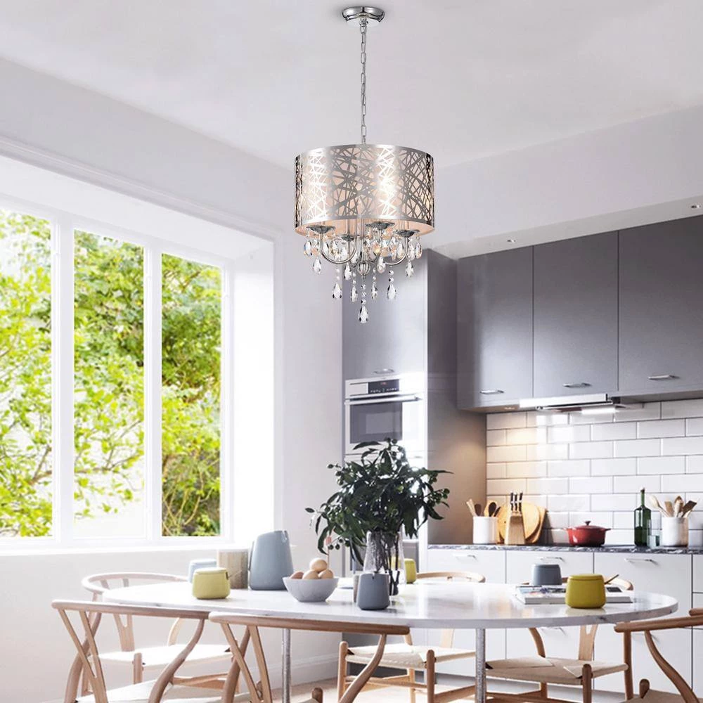 Modern 4-Light Chrome Vintage Drum Chandelier with Stainless steel Shade by KINWELL 8 Modern 4-Light Chrome Vintage Drum Chandelier with Stainless steel Shade by KINWELL - Image 6