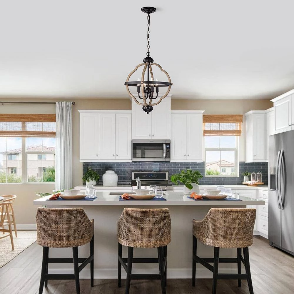 4-Light Wood Texture and Matte Black Indoor Pendant Steel and Electrical Components by Jushua 5 4-Light Wood Texture and Matte Black Indoor Pendant Steel and Electrical Components by Jushua - Image 3