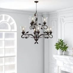 9-Light Oil Rubbed Bronze Traditional Candle Style Empire Chandelier with Clear Water Wave Glass Shade by Pia Ricco -KINWELL shop oil rubbed bronze pia ricco chandeliers fop lp11888101 31 1000