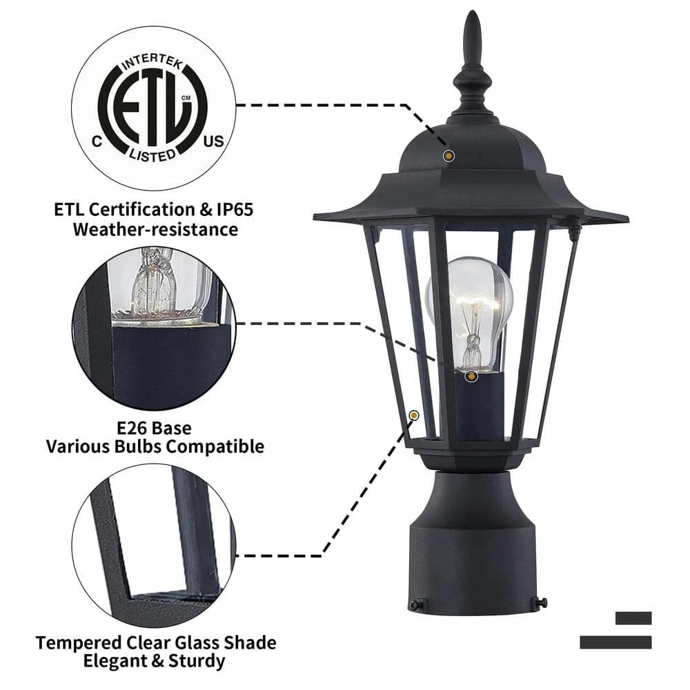 1-Light Textured Black Outdoor Post Lantern with Clear Glass by Pia Ricco 5 1-Light Textured Black Outdoor Post Lantern with Clear Glass by Pia Ricco - Image 3