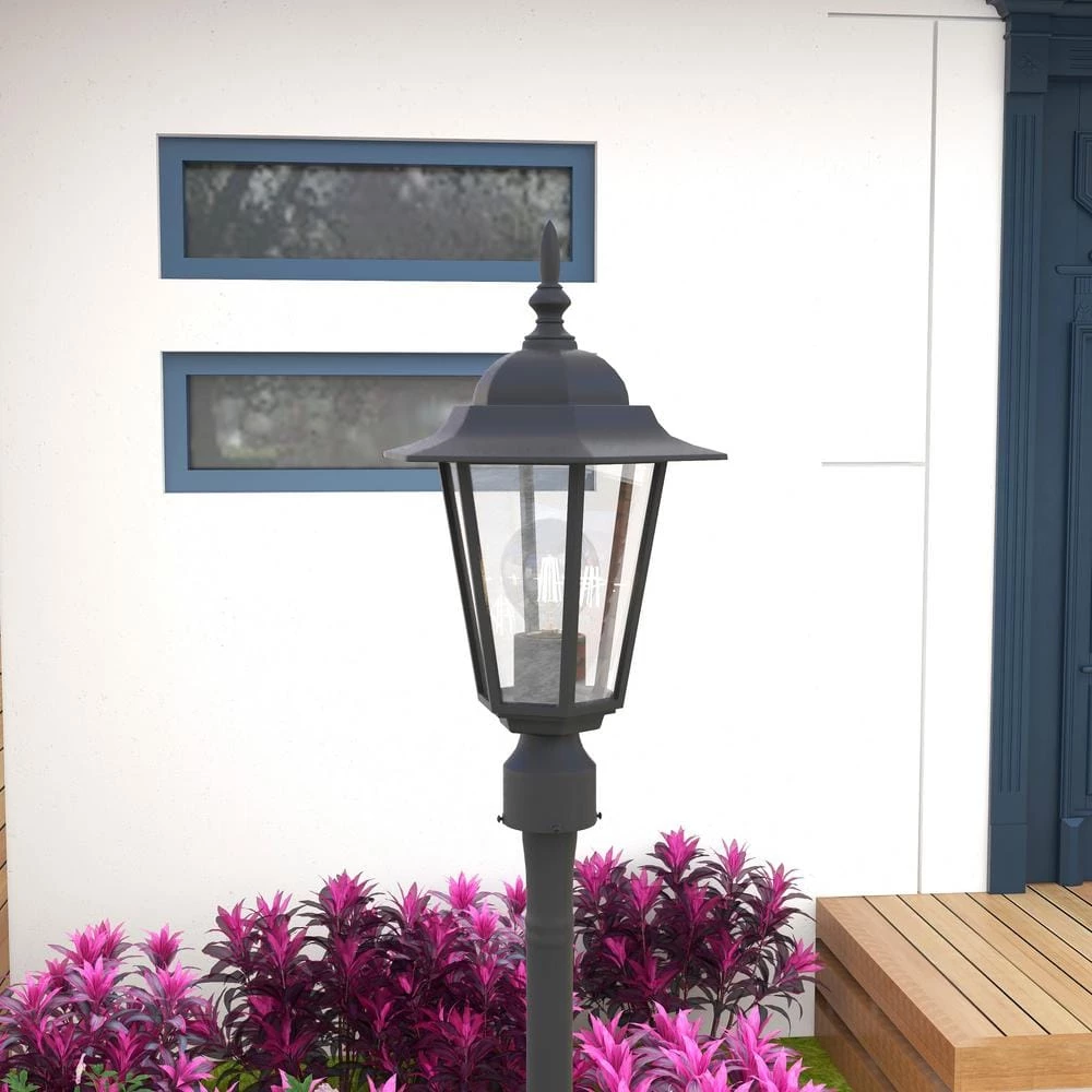 1-Light Textured Black Outdoor Post Lantern with Clear Glass by Pia Ricco 4 1-Light Textured Black Outdoor Post Lantern with Clear Glass by Pia Ricco - Image 2