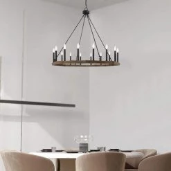 16-Light Wood Grain Candle Style Octagonal Wagon Wheel Chandelier by Jushua 9 16-Light Wood Grain Candle Style Octagonal Wagon Wheel Chandelier by Jushua -KINWELL shop wood jushua chandeliers acr 10586dw bk 4f 1000