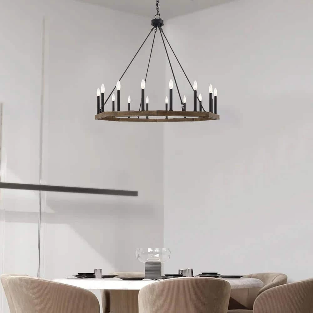 16-Light Wood Grain Candle Style Octagonal Wagon Wheel Chandelier by Jushua 6 16-Light Wood Grain Candle Style Octagonal Wagon Wheel Chandelier by Jushua - Image 4