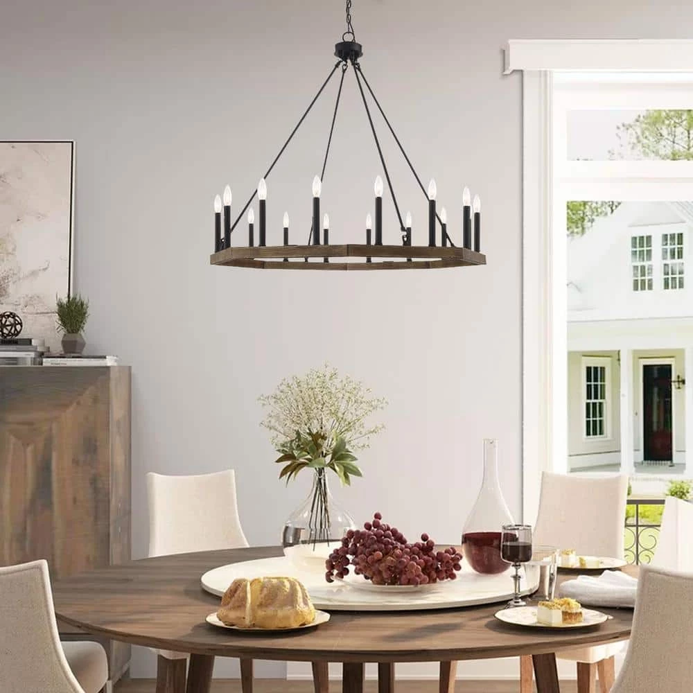 16-Light Wood Grain Candle Style Octagonal Wagon Wheel Chandelier by Jushua 4 16-Light Wood Grain Candle Style Octagonal Wagon Wheel Chandelier by Jushua - Image 2