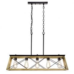 5-Lighst Wood Texture and Matte Black Indoor Pendant by Jushua